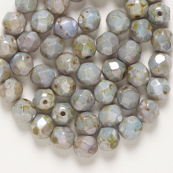 Bead fire-polished glass 50pk opaque blue-grey travertine, 6mm faceted round image number 0