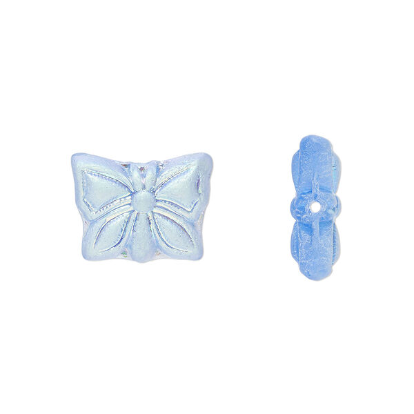 Bead, Preciosa Czech pressed glass, opaque light blue, half-coated matte blue luster , 15x12mm butterfly. Sold per pkg of 10. image number 0