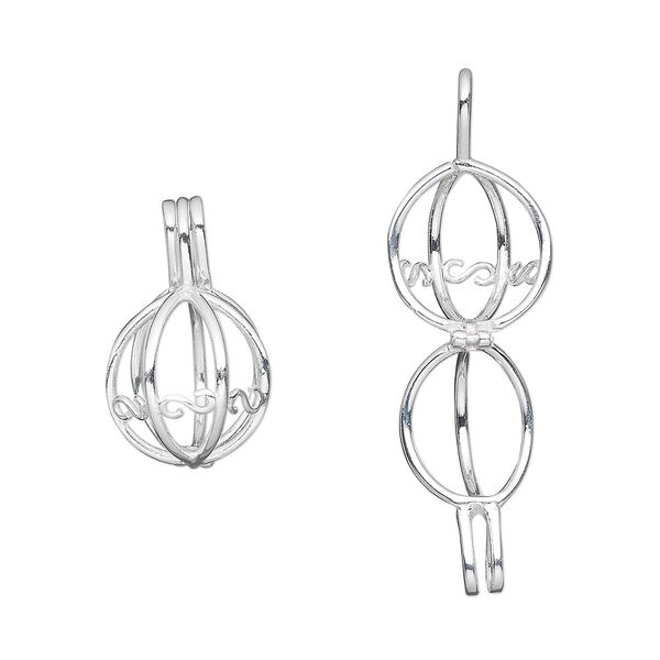 Drop, sterling silver, 15x14mm hinged round bead cage, fits 10mm bead. Sold individually. image number 0