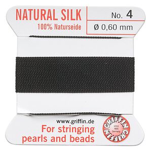 Thread, Griffin, silk, black, size #4. Sold per 2-meter card (approximately 78 inches).