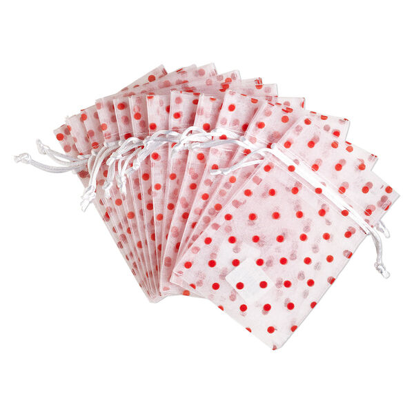 Pouch, organza, white and red, 6x4 inches with polkadots pattern and drawstring closure. Sold per pkg of 12. image number 0