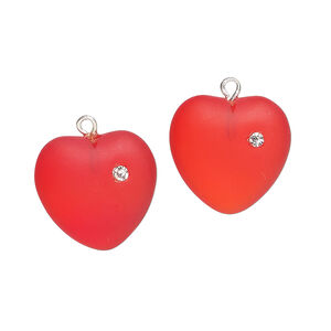 Drop 1pkg2, silver-plated brass / glass / cubic zirconia, translucent red and clear, 16mm frosted heart.