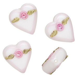 Bead, lampworked glass 1pkg4, opaque white / green / pink, 22x20mm double-sided, flat heart.
