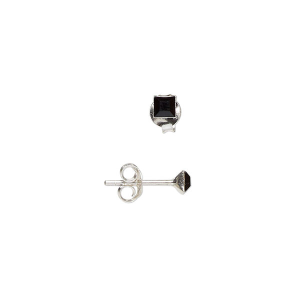 Ear stud, sterling silver and glass, jet, 3mm square. Sold per pair. image number 0