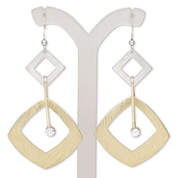 Earring, glass rhinestone / gold-plated / imitation rhodium-finished steel / brass, clear, 2-1/2 inches with brushed square and fishhook ear wire. Sold per pair. image number 0