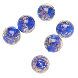 Bead, lampworked glass, clear / cobalt blue / glow-in-the-dark / gold, 10mm round. Sold per pkg of 6.
