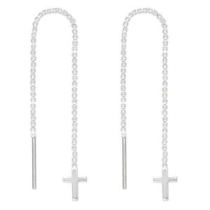 Ear thread, sterling silver, 2-3/4 inch box chain with 8x5.5mm cross. Sold per pair.