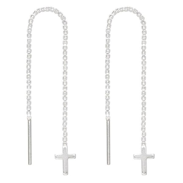 Ear thread, sterling silver, 2-3/4 inch box chain with 8x5.5mm cross. Sold per pair. image number 0