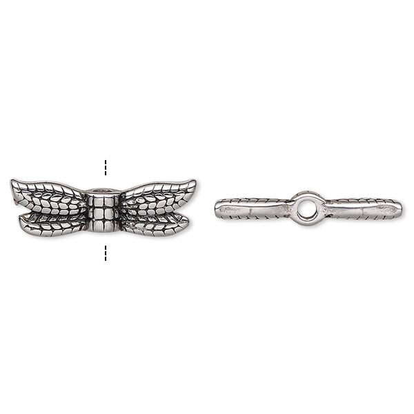 Bead, enamel and stainless steel, black, 20x6mm double-sided dragonfly wing. Sold individually. image number 0