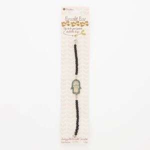 Bracelet component, enamel / glass / steel / gold-finished "pewter" (zinc-based alloy), black / green / turquoise blue, 19mm wide Fatima hand, 6 inches. Sold individually.