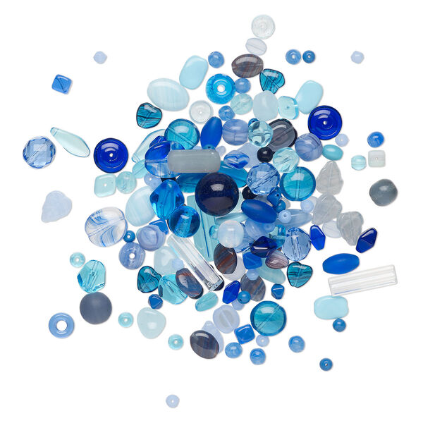 Bead mix, Czech pressed glass, translucent and transparent multi-blue, 4-35x8mm mixed shapes. Sold per 4-ounce pkg, approximately 455 beads. image number 0