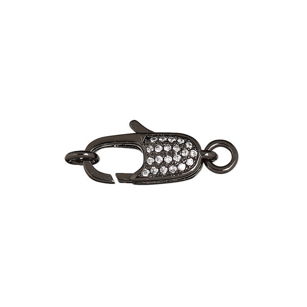 Clasp, lobster claw, cubic zirconia and black-finished brass, clear, 17x7mm double-sided with (2) 5mm jump rings. Sold individually. image number 0