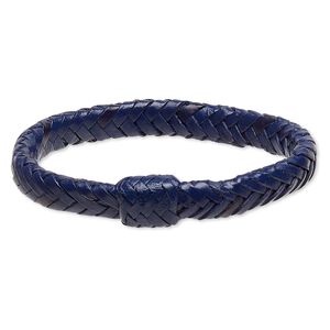 Bracelet, bangle, leather (dyed), blue, 15mm wide with braided design, 7-1/2 inches. Sold individually.