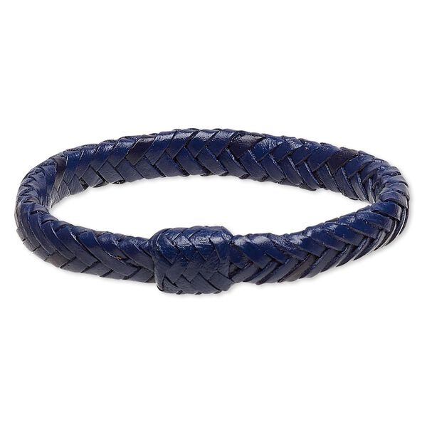 Bracelet, bangle, leather (dyed), blue, 15mm wide with braided design, 7-1/2 inches. Sold individually. image number 0