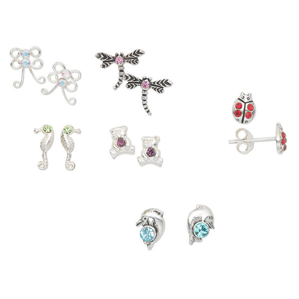Earstud, Create Compliments®, sterling silver and crystals, assorted colors, 6x4mm-11x9mm assorted shape with post. Sold per pkg of 6 pairs. image number 0