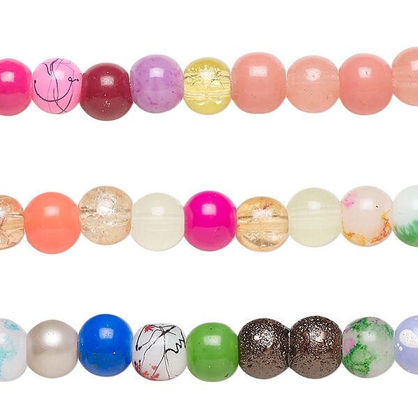 Bead, coated glass, opaque to transparent mixed colors, 5-7mm round. Sold per pkg of (3) 7-inch strands, approximately 110 beads. image number 0