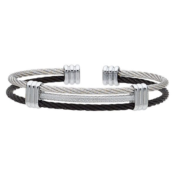 Bracelet, cuff, black- and silver-plated stainless steel, 12mm wide 3-row cable band, adjustable from 7-1/2 to 8 inches. Sold individually. image number 0
