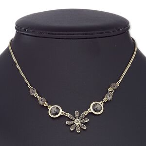 Necklace, glass rhinestone / gold-coated plastic / gold-finished steel / "pewter" (zinc-based alloy), grey, flower, 16 inches with 2-inch extender chain and lobster claw clasp. Sold individually.