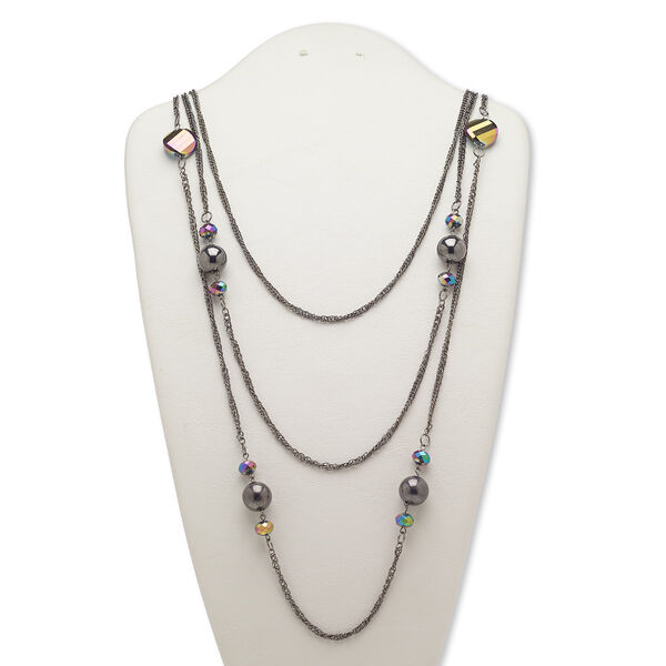Necklace, 3-strand, glass / gunmetal-coated plastic / gunmetal-finished brass / steel, black and metallic purple, 28 inches with 2-inch extender chain and lobster claw clasp. Sold individually. image number 0