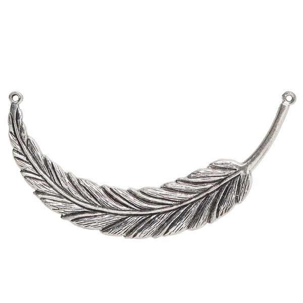 Connector, antique silver-finished "pewter" (zinc alloy), 3-1/4 x 1-1/2 inch single-sided curved feather. image number 0