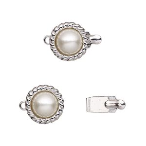 Clasp tab 1pkg1 rhodium-plated pewter (tin alloy), 11.5mm round, acrylic 1-strand