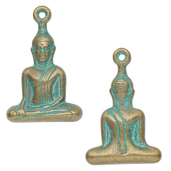 Focal, antique brass-plated "pewter" (zinc-based alloy), green patina, 30x23mm 3D Buddha. Sold per pkg of 2. image number 0
