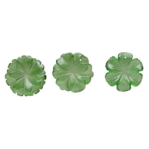 Focal mix, glass, translucent green, 25x30mm-35x35mm top-drilled carved flower. Sold per pkg of 3. image number 0