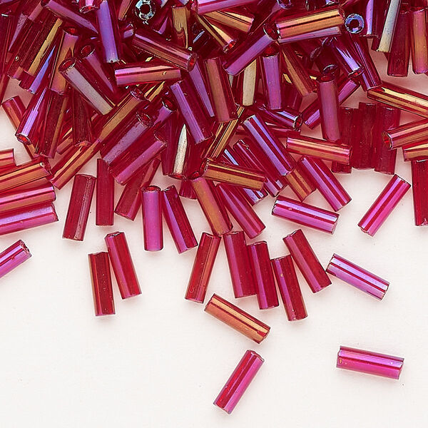 Bead, Preciosa Ornela Czech glass, bugle bead, pkg/50g, 1/4 inch, rainbow translucent ruby, (91090). image number 0