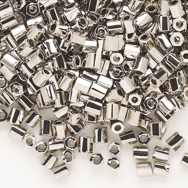 Seed bead, Dyna-Mites™, glass, opaque nickel-finished, #6 hex. Sold per 1/2 kilogram pkg. image number 0
