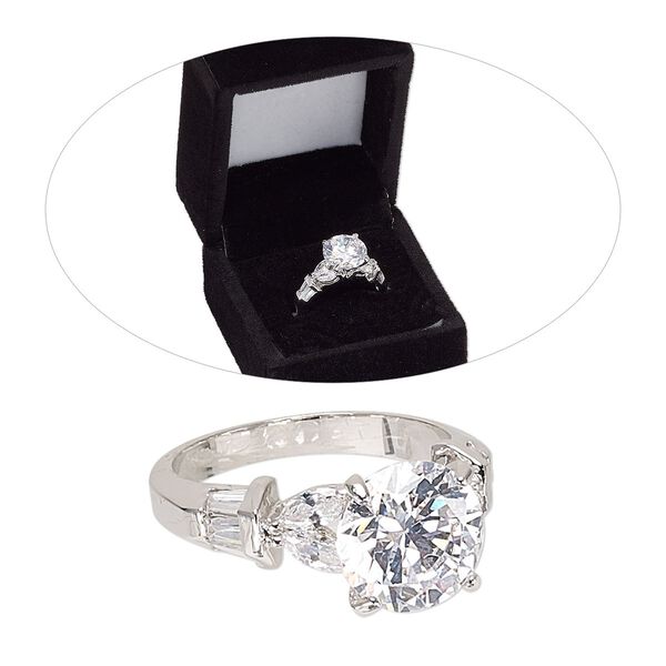 Ring, cubic zirconia and rhodium-finished brass, clear, 10mm wide with solitaire, size 8. Sold individually. image number 0