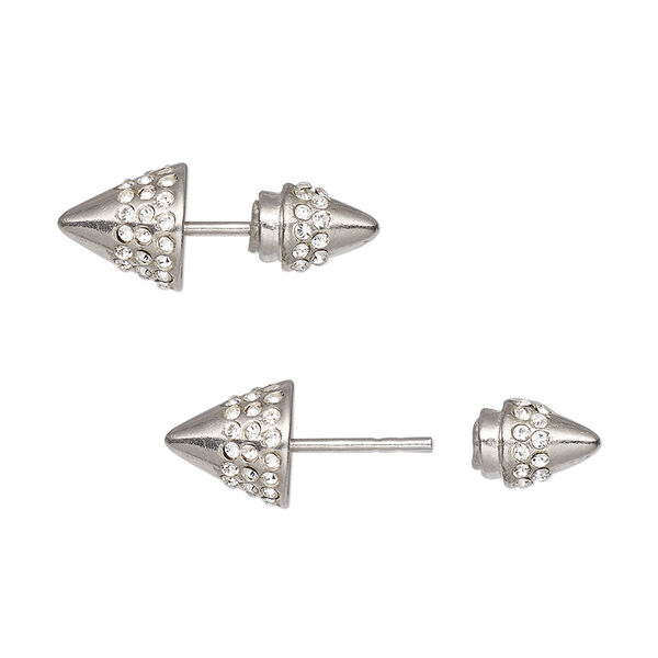 Earstud, front and back, sterling silver / cubic zirconia / silicone, clear, 21x8mm with 8mm spike and post. Sold per pair. image number 0