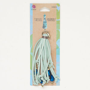 Tassel 1pkg1, gold-finished brass and steel / suede leather / glass, light teal green and metallic blue, 3-1/2 inches with hinged bail and faceted teardrop bead.