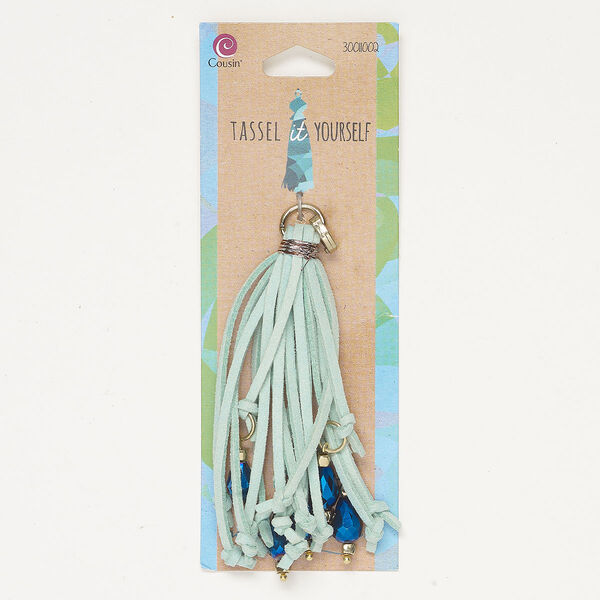 Tassel 1pkg1, gold-finished brass and steel / suede leather / glass, light teal green and metallic blue, 3-1/2 inches with hinged bail and faceted teardrop bead. image number 0