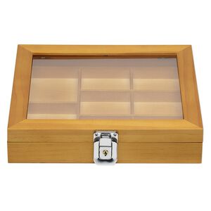 Organizer, stained wood / acrylic / brass / imitation rhodium-finished steel, brown / black / clear, 8-1/2 x 7-1/2 x 1-3/4 inch hinged rectangle with 7-3/4 x 6-3/4 x 3/4 inch tray and 8 compartments with key lock. Sold individually.