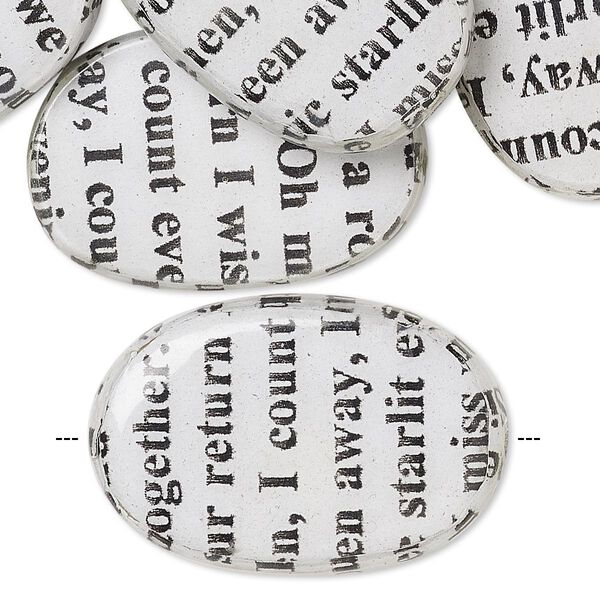 Bead, wood / newspaper / acrylic, white and black, 30x20mm double-sided flat oval with phrase in English. Sold per pkg of 8. image number 0