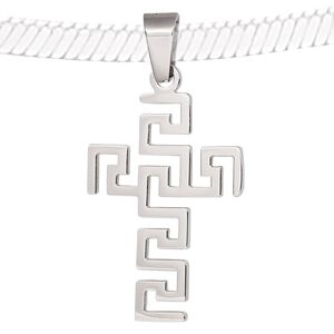 Pendant, stainless steel, 37x22mm double-sided cross with geometric design. Sold individually.