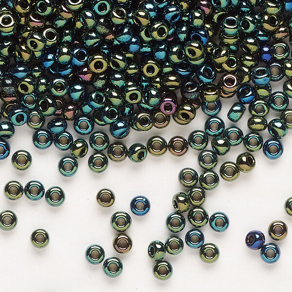 Seed bead, Preciosa Ornela Czech glass, pkg/500g, #8 rocaille, opaque green iris black, (59155). image number 0