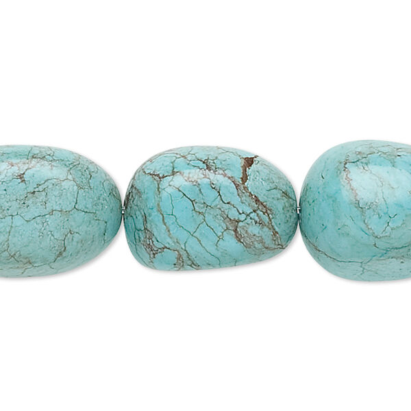 Bead, magnesite (dyed / stabilized), blue-green, medium tumbled nugget, Mohs hardness 3-1/2 to 4. Sold per 15-inch strand. image number 0