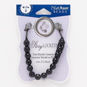 Bracelet component, glass / waxed cotton cord / gunmetal-finished "pewter" (zinc-based alloy) / steel, black, 8mm round, 6 inches with (2) lobster claw clasp. Sold individually.