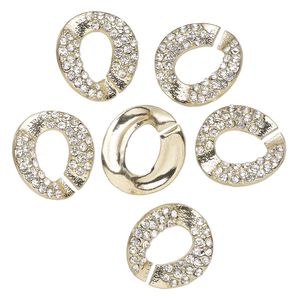 Clasp, interlocking, antique gold-finished "pewter" (zinc-based alloy) and glass, clear, 25x24mm-26x25mm twisted C-shape. Sold per pkg of 6.