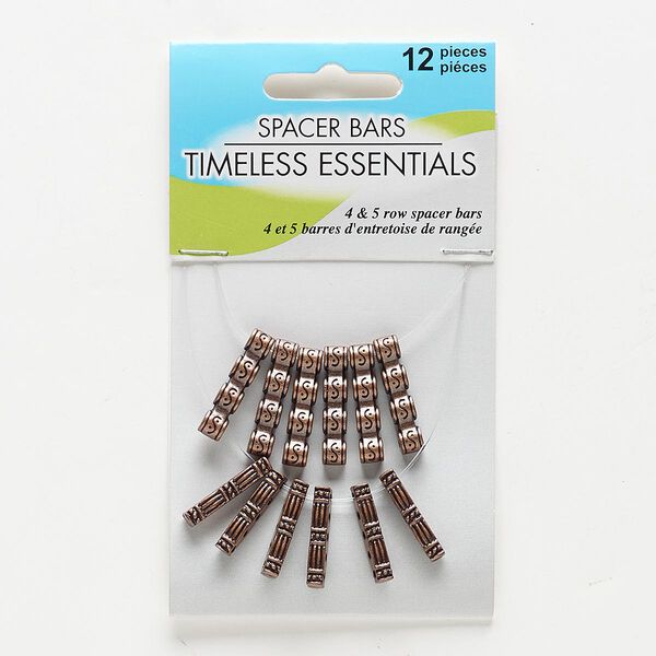 Spacer bar, antiqued copper-finished "pewter" (zinc-based alloy), 19x3mm 5-strand rectangle with line and dot design and 22x5mm 4-strand drum with line and dot design. Sold per pkg of 12. image number 0