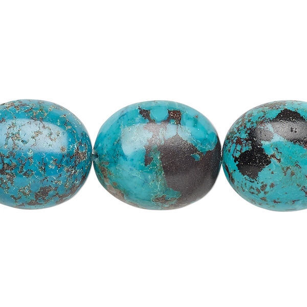 Bead, turquoise (dyed / stabilized), blue-green, 18x16mm-21x18mm puffed oval, B- grade, Mohs hardness 5 to 6. Sold per 8-inch strand. image number 0