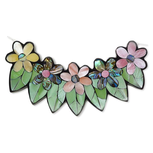 Focal, paua shell / common hammer oyster shell / resin (dyed / assembled), black, 3-1/4 x 1-1/2 inch single-sided flowers and leaves. Sold individually. image number 0
