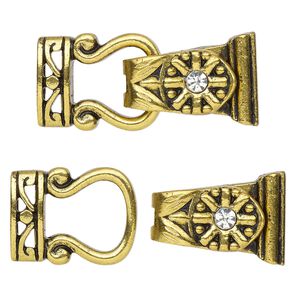 Clasp magnetic fold-over 1pkg2 "pewter" (zinc alloy), 29x13mm, antique gold-finished / clear rhinestone 2-strand