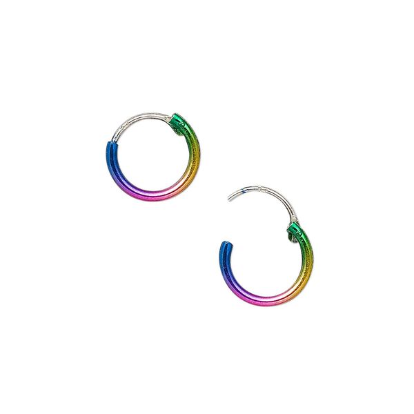 Earring hoop 1pkg2 sterling silver, 10x1.2mm round / endless loop, color-coated rainbow 1 pair image number 0