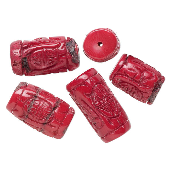 Bead mix, bamboo coral (dyed), red, 19x11mm-32x21mm hand-carved barrel, B- grade, Mohs hardness 3-1/2 to 4. Sold per pkg of 5. image number 0