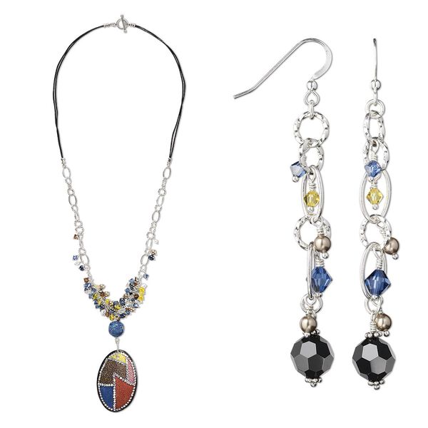 Necklace and earring set, One of a Kind Jewelry, sterling silver / crystal / cord, black and multicolored, 28-inch necklace. Only one available. image number 0