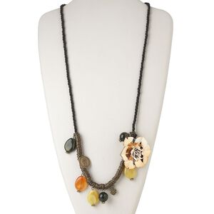 Necklace, gunmetal-finished steel / copper-finished plastic / nylon, multicolored, 57x57mm flower, 32 inches with 2-inch extender chain and lobster claw clasp. Sold individually.