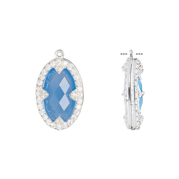 Drop. chalcedony (dyed) / cubic zirconia / sterling silver, clear and blue, 18x12mm double-sided faceted oval. Sold individually. image number 0