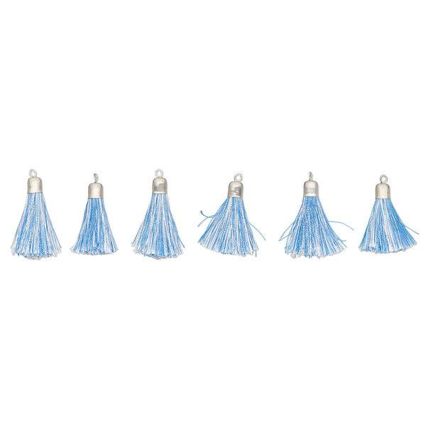 Tassel, silver-finished steel, blue and white, 1-inch. Sold per pkg of 6. image number 0